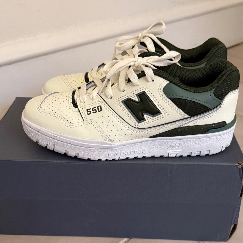 New Balance 550 Cream and Dark Green Sneakers